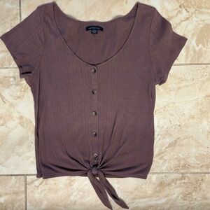 Button-Front Tie Hem Top - Purple